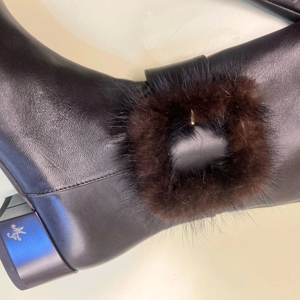 Marino Fabiani Sleek Black and brown Over the Knee leather Boots fur cuff NWT